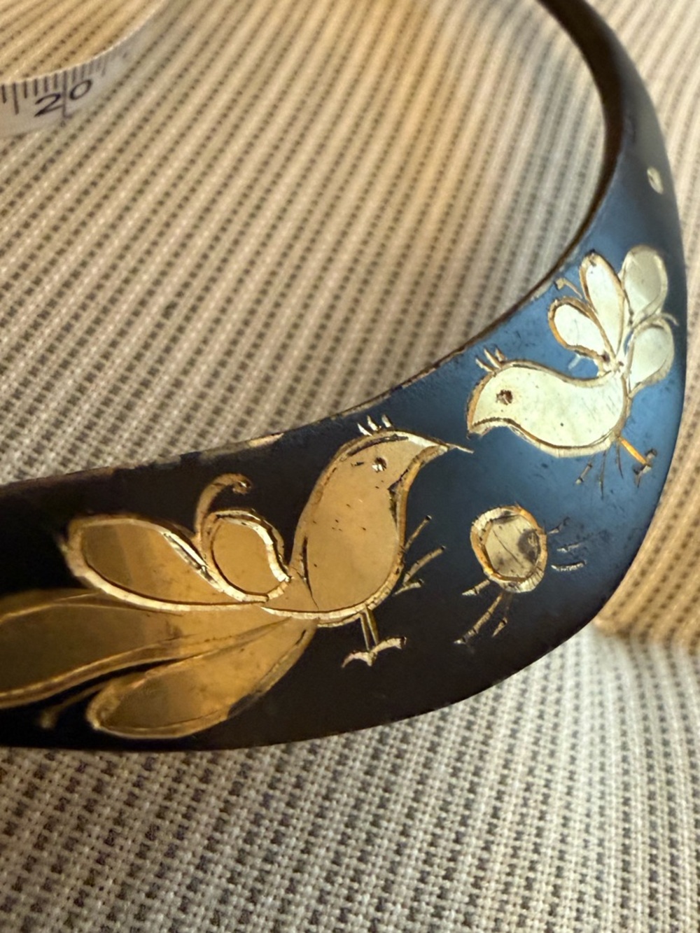 Rare Brass Collar Necklace Black Gold Tone Bird Floral Design Vintage India - Picture 11 of 14